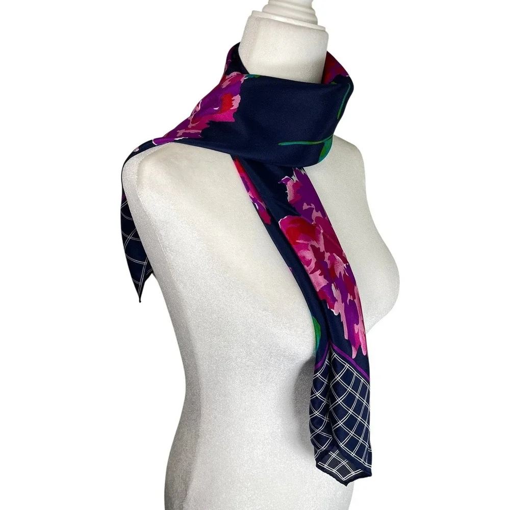 Liz Claiborne Vintage 100% Silk Scarf Navy Blue Pink Floral Windowpane Japan 31